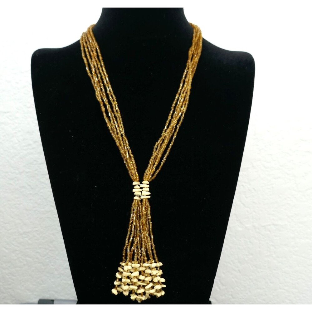Beaded Lariat Multistrand Necklace Golden Crystal 19 inch Boho Tassel Shell